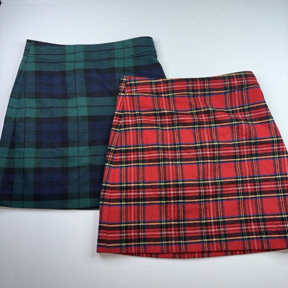LOT OF 2 J. Crew Plaid Wool Blend Mini Skirts Size 4 NWT Black Watch Red Tartan